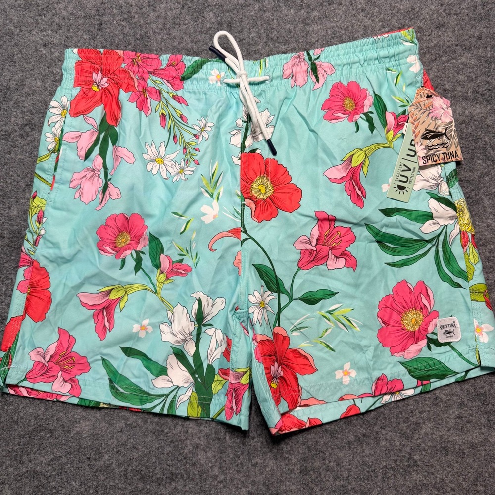 SPICY TUNA Floral Swim Trunks Seafoam Green Tropical Hibiscus Board Shorts XL